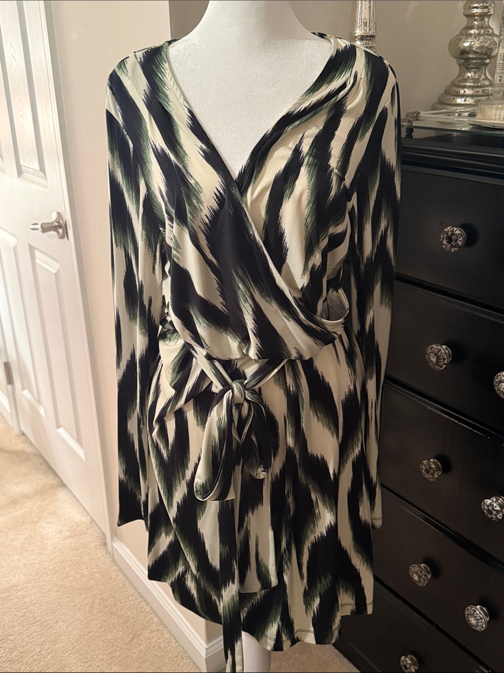 ECI Cream, Black & Olive Green dress